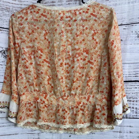 Snak Top Womens Sz 10 Silk floral lace trim Embroidered Boho Blouse Cottagecore - Picture 4 of 10